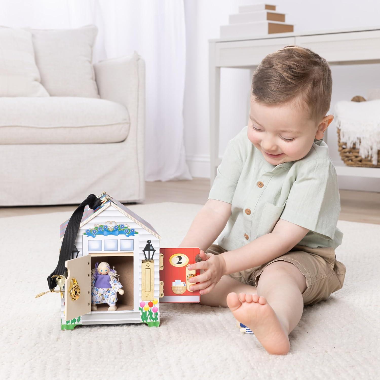 imageMelissa ampamp Doug TakeAlong Wooden Doorbell Dollhouse  Doorbell Sounds Keys 4 Poseable Wooden Dolls Portable Doll House Doorbell House for Kids Ages 3