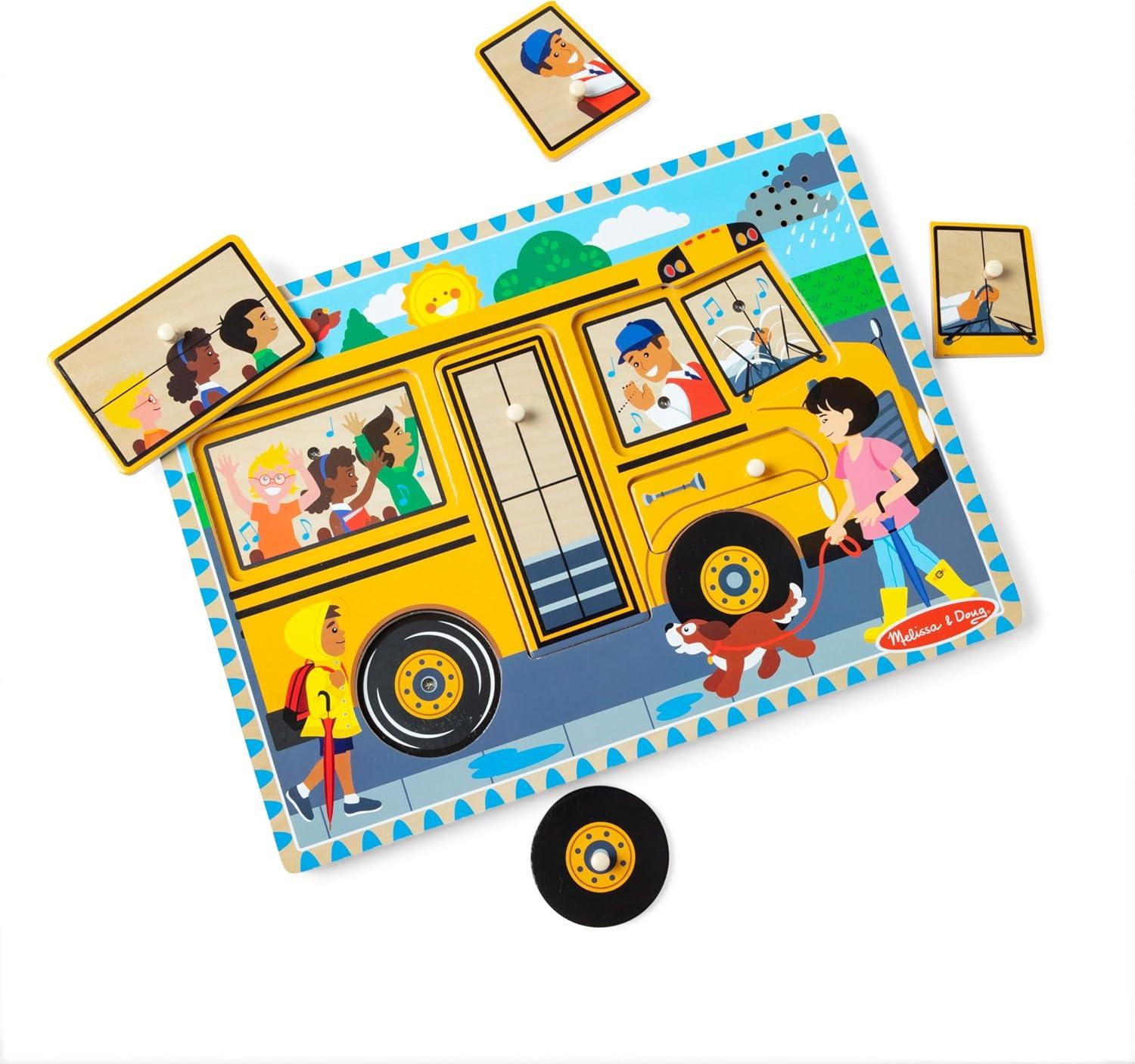 imageMelissa ampamp Doug The Wheels on The Bus Song Puzzle  8Piece Wooden Peg Puzzle with LightActivated Sounds Music Learning Toy for Toddlers and Preschoolers Ages 2