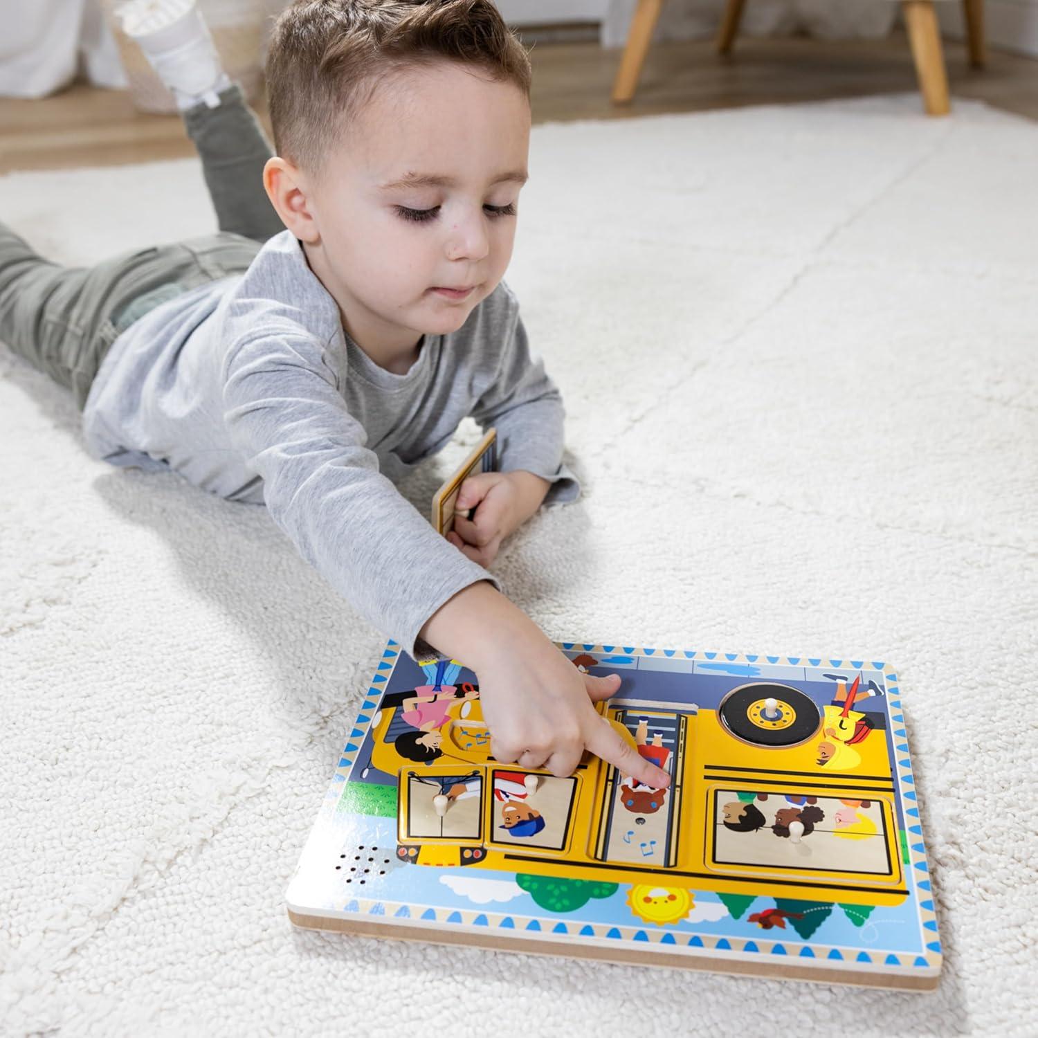 imageMelissa ampamp Doug The Wheels on The Bus Song Puzzle  8Piece Wooden Peg Puzzle with LightActivated Sounds Music Learning Toy for Toddlers and Preschoolers Ages 2