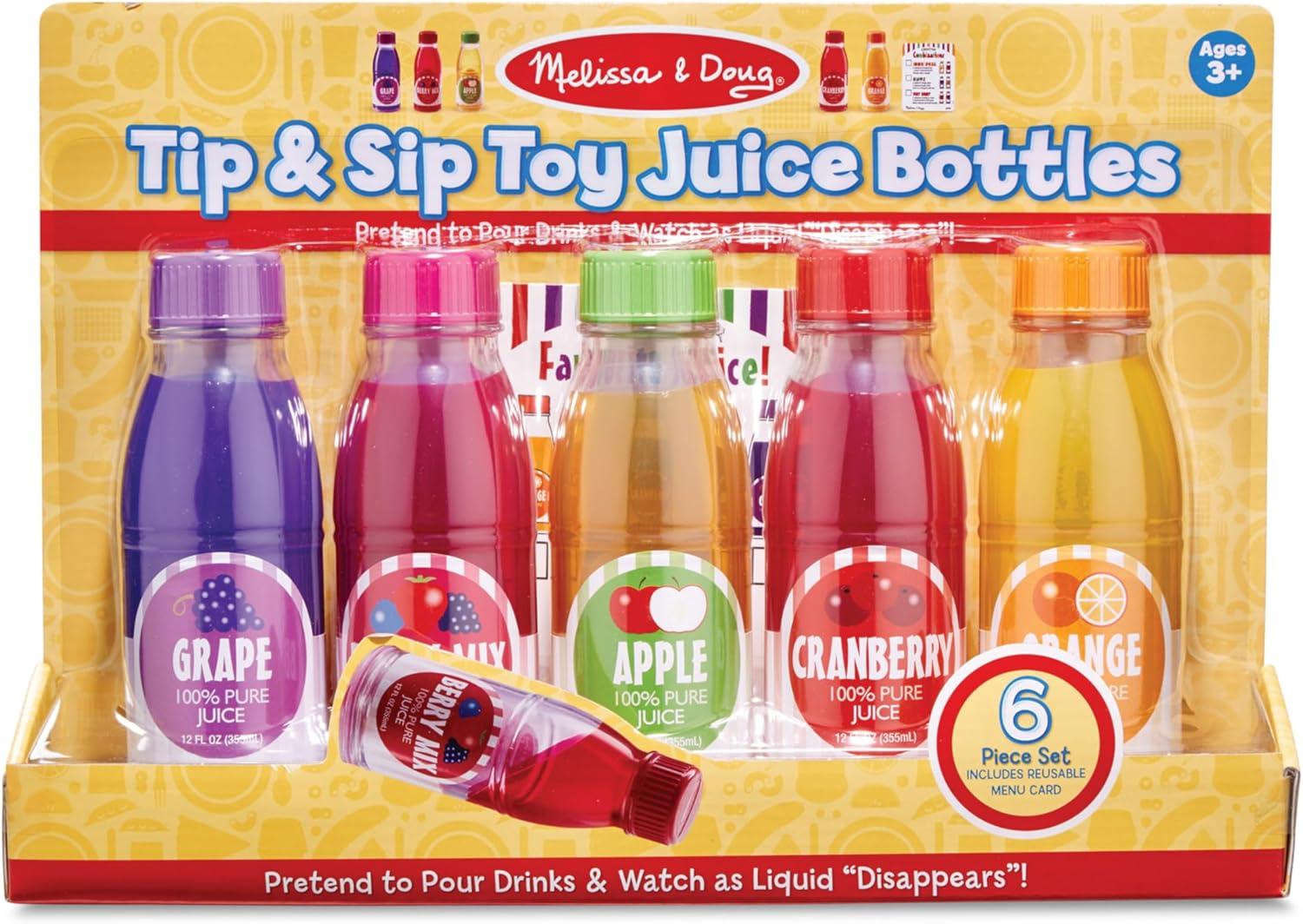 imageMelissa ampamp Doug Tip ampamp Sip Toy Juice Bottles and Activity Card 6 Pcs Pretend Play Food Set Play Kitchen Food For Ages 3Juice Bottles