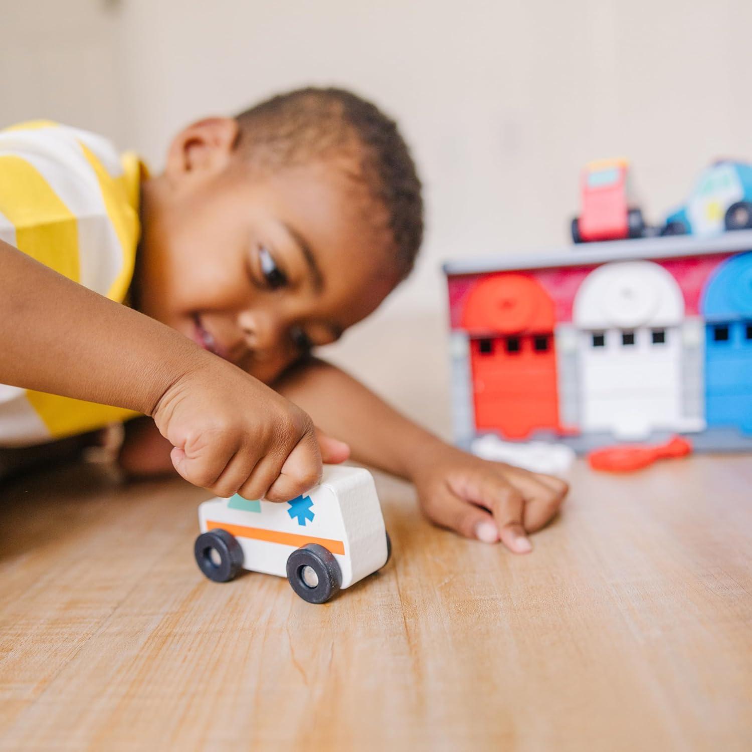 imageMelissa ampamp Doug Toy Keys and Cars Wooden Rescue Vehicles and Garage 7 pcs Toddler Pull Back Toys Toy Garage for Kids Ages 3