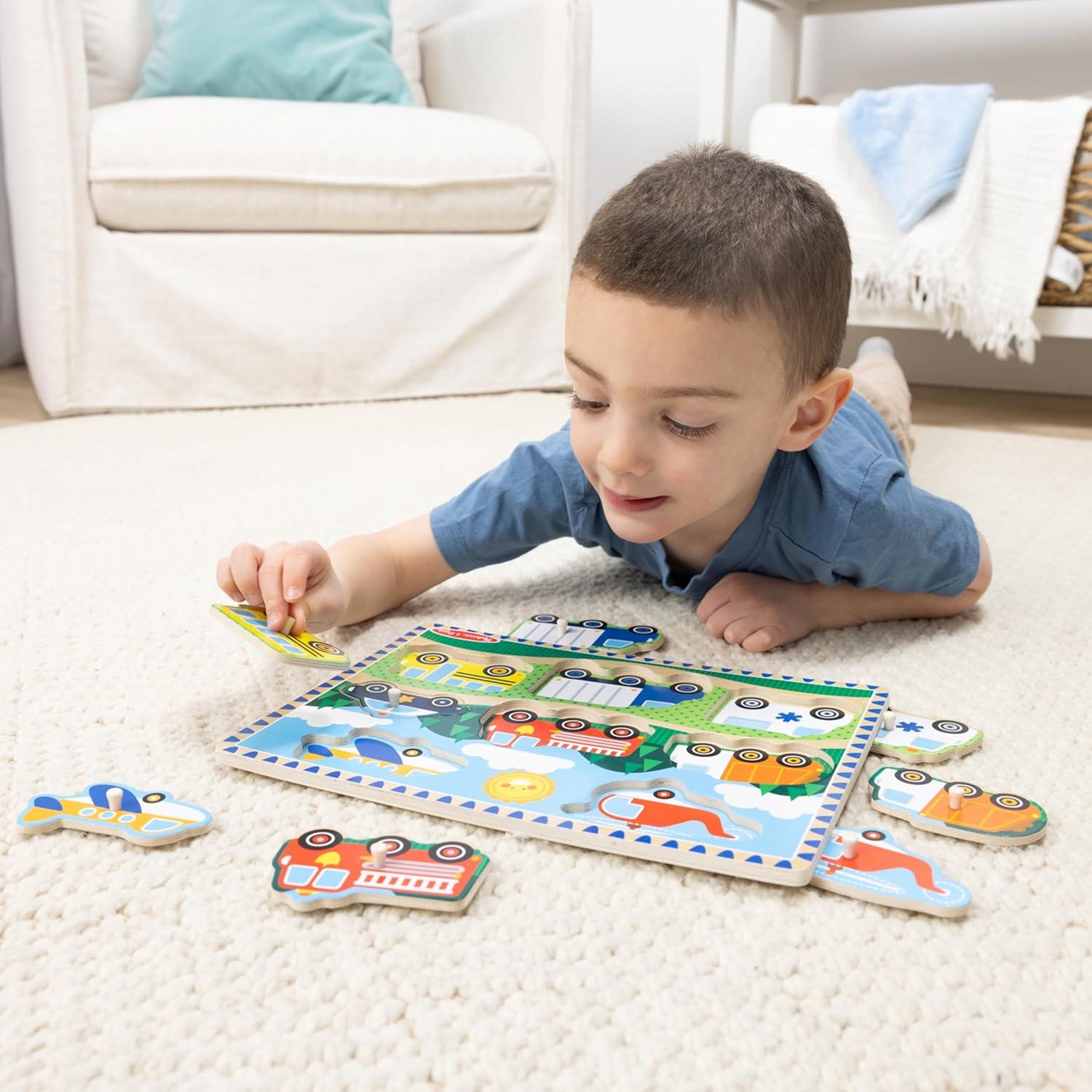 imageMelissa ampamp Doug Vehicles Wooden Peg Puzzle 8 pcsMelissa  Doug Vehicles Peg Puzzle