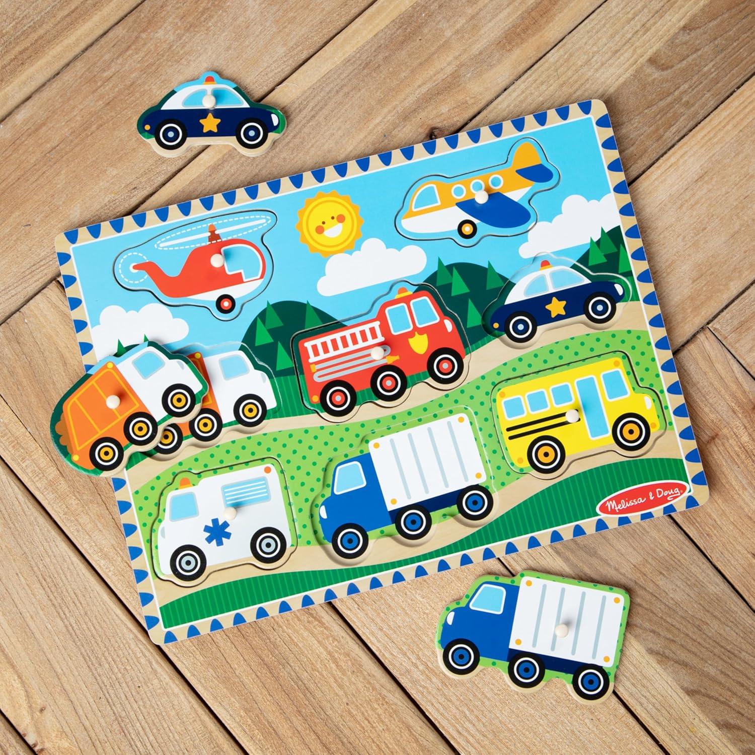 imageMelissa ampamp Doug Vehicles Wooden Peg Puzzle 8 pcsMelissa  Doug Vehicles Peg Puzzle