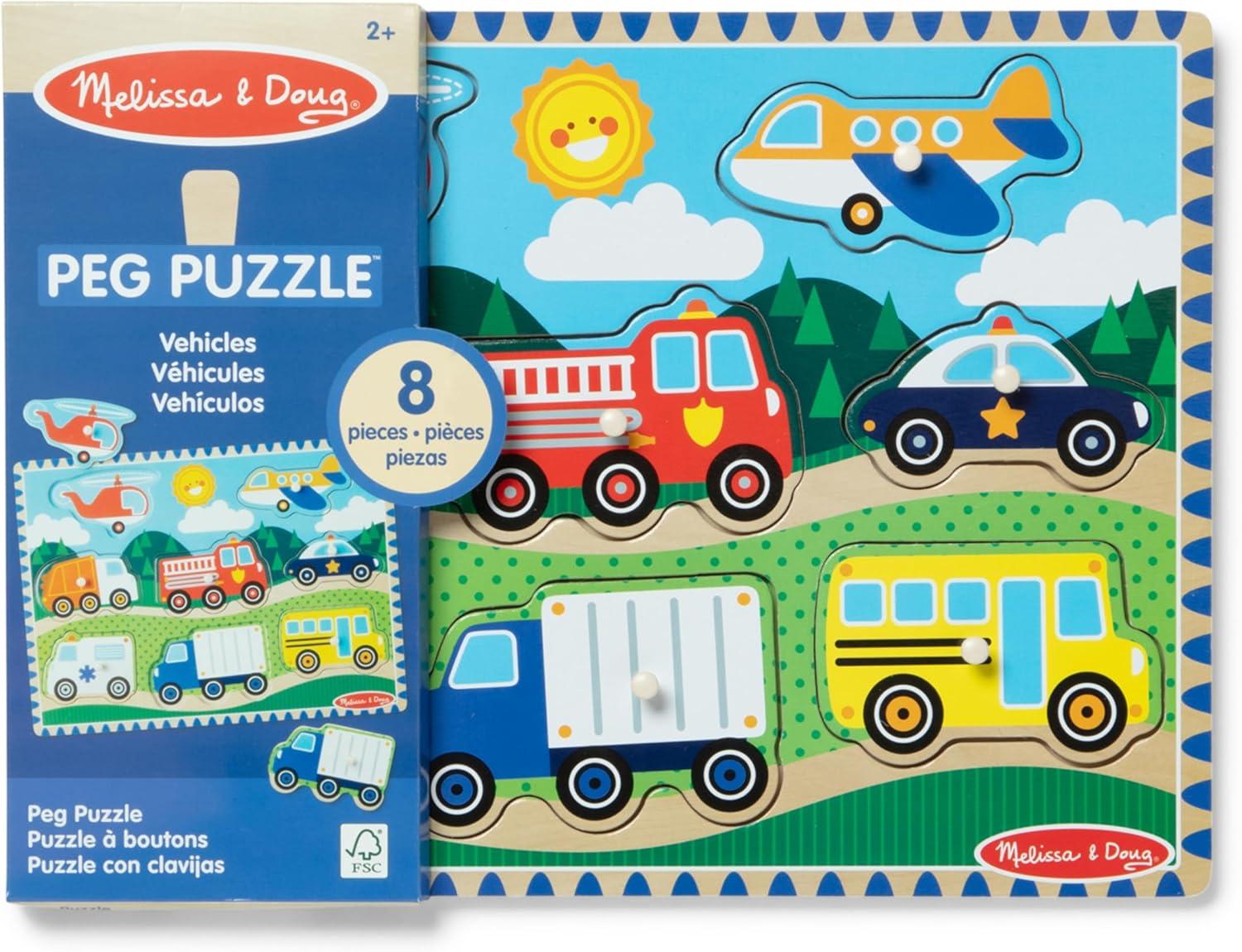 imageMelissa ampamp Doug Vehicles Wooden Peg Puzzle 8 pcsMelissa  Doug Vehicles Peg Puzzle
