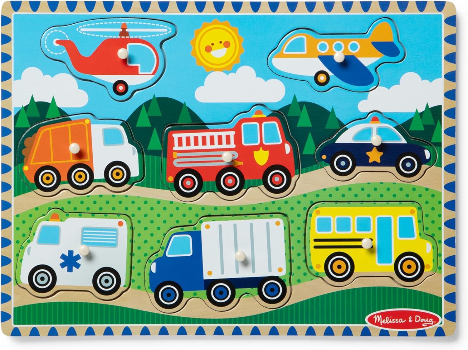 imageMelissa ampamp Doug Vehicles Wooden Peg Puzzle 8 pcsMelissa  Doug Vehicles Peg Puzzle