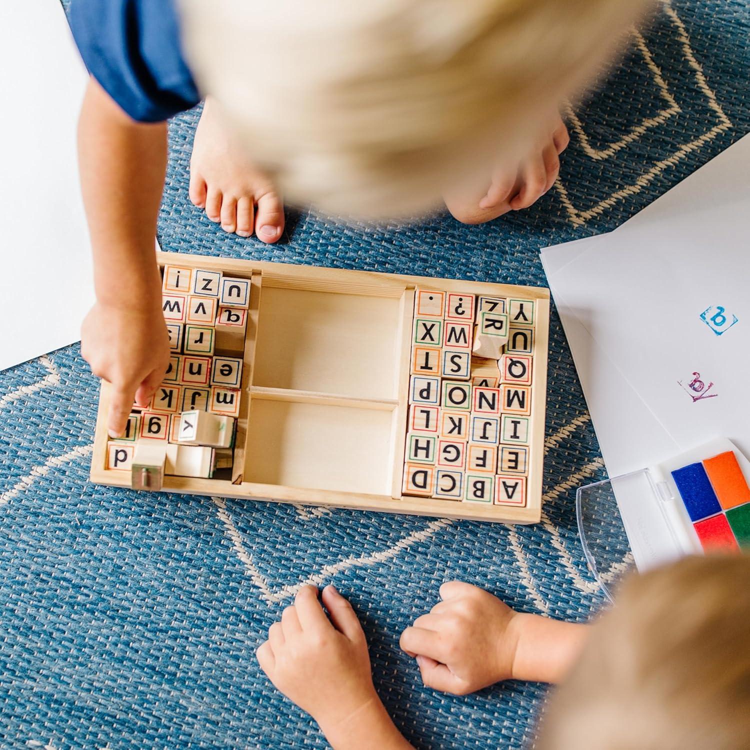 imageMelissa ampamp Doug Wooden Alphabet Stamp Set  56 Stamps with LowerCase and Capital Letters Preschool Writing Toys ABC Stamps Kids Arts ampamp Crafts Letter for Kids Ages 4