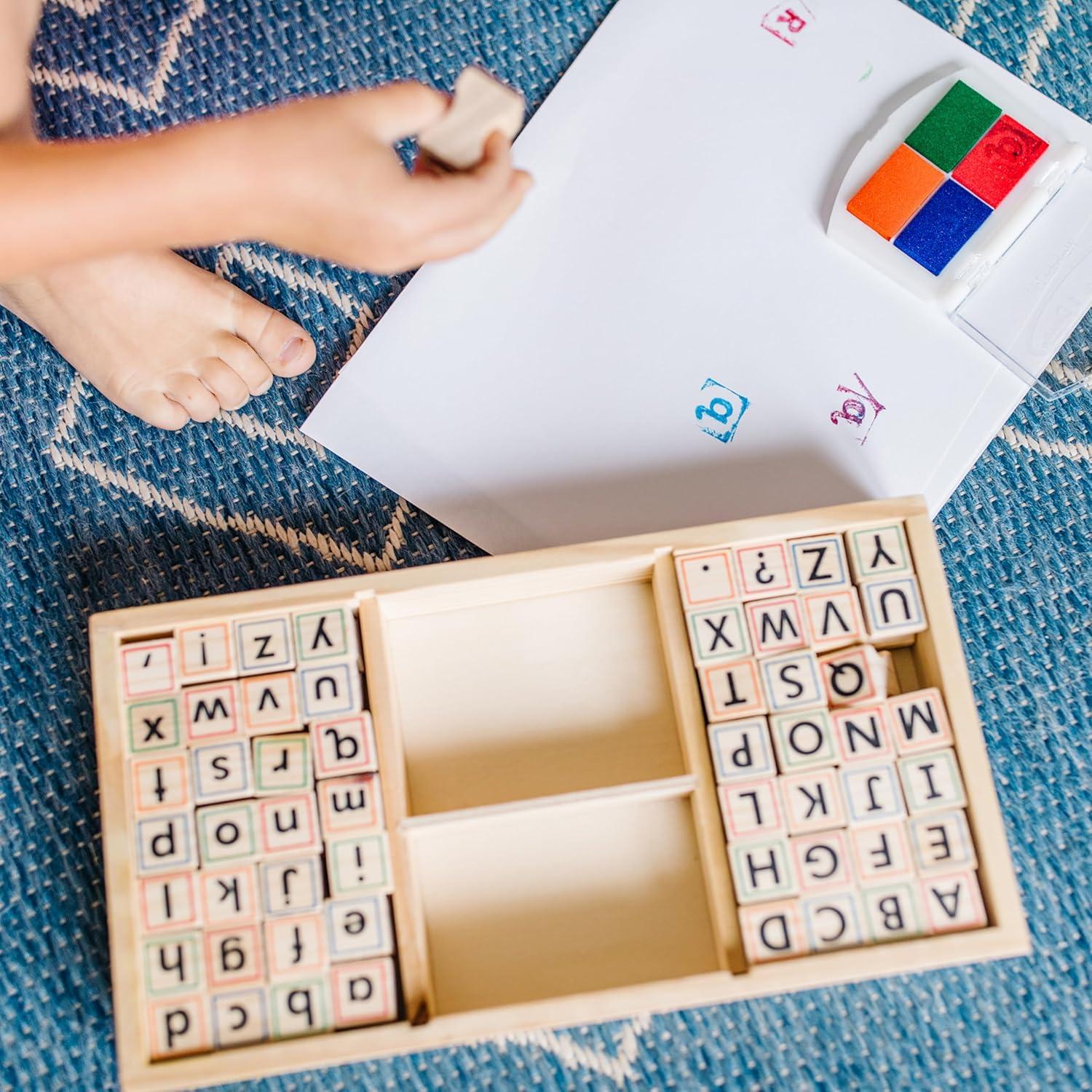 imageMelissa ampamp Doug Wooden Alphabet Stamp Set  56 Stamps with LowerCase and Capital Letters Preschool Writing Toys ABC Stamps Kids Arts ampamp Crafts Letter for Kids Ages 4