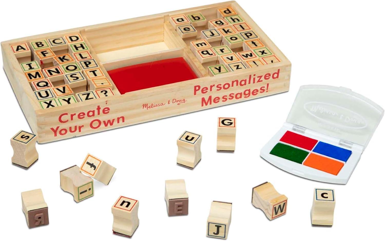 imageMelissa ampamp Doug Wooden Alphabet Stamp Set  56 Stamps with LowerCase and Capital Letters Preschool Writing Toys ABC Stamps Kids Arts ampamp Crafts Letter for Kids Ages 4