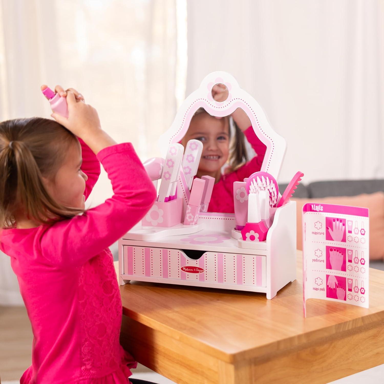 imageMelissa ampamp Doug Wooden Beauty Salon Play Set 18Piece Vanity with Pretend Play Toys Makeup Mirror Accessories ampamp More Preschool Toys for Girls ampamp Boys Ages 3  FSC Certified