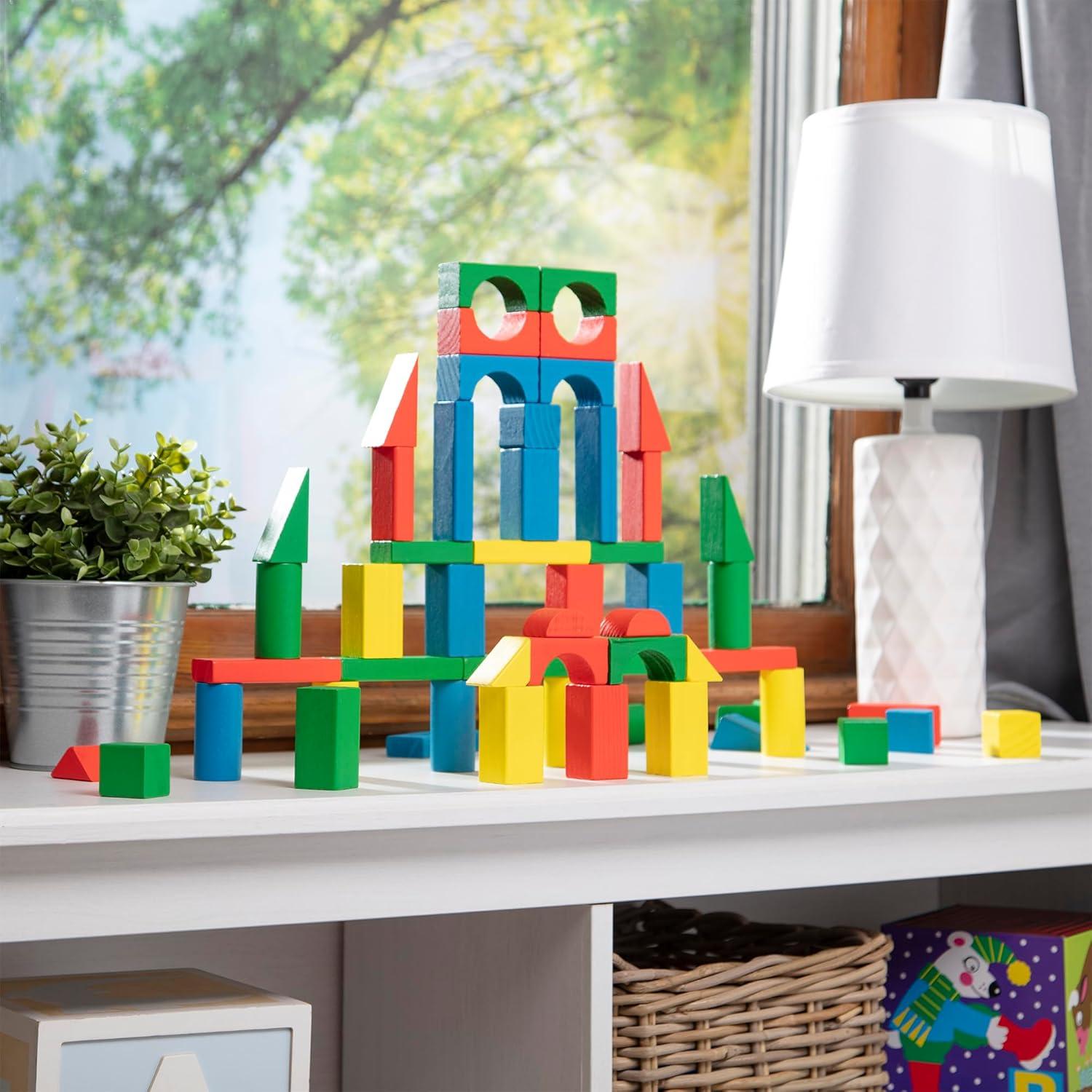 imageMelissa ampamp Doug Wooden Building Blocks 100Piece Set of Sorting ampamp Stacking Toys in 4 Colors and 9 Shapes Classic Toddler Toys for Girls ampamp Boys Ages 2  FSC Certified100Piece