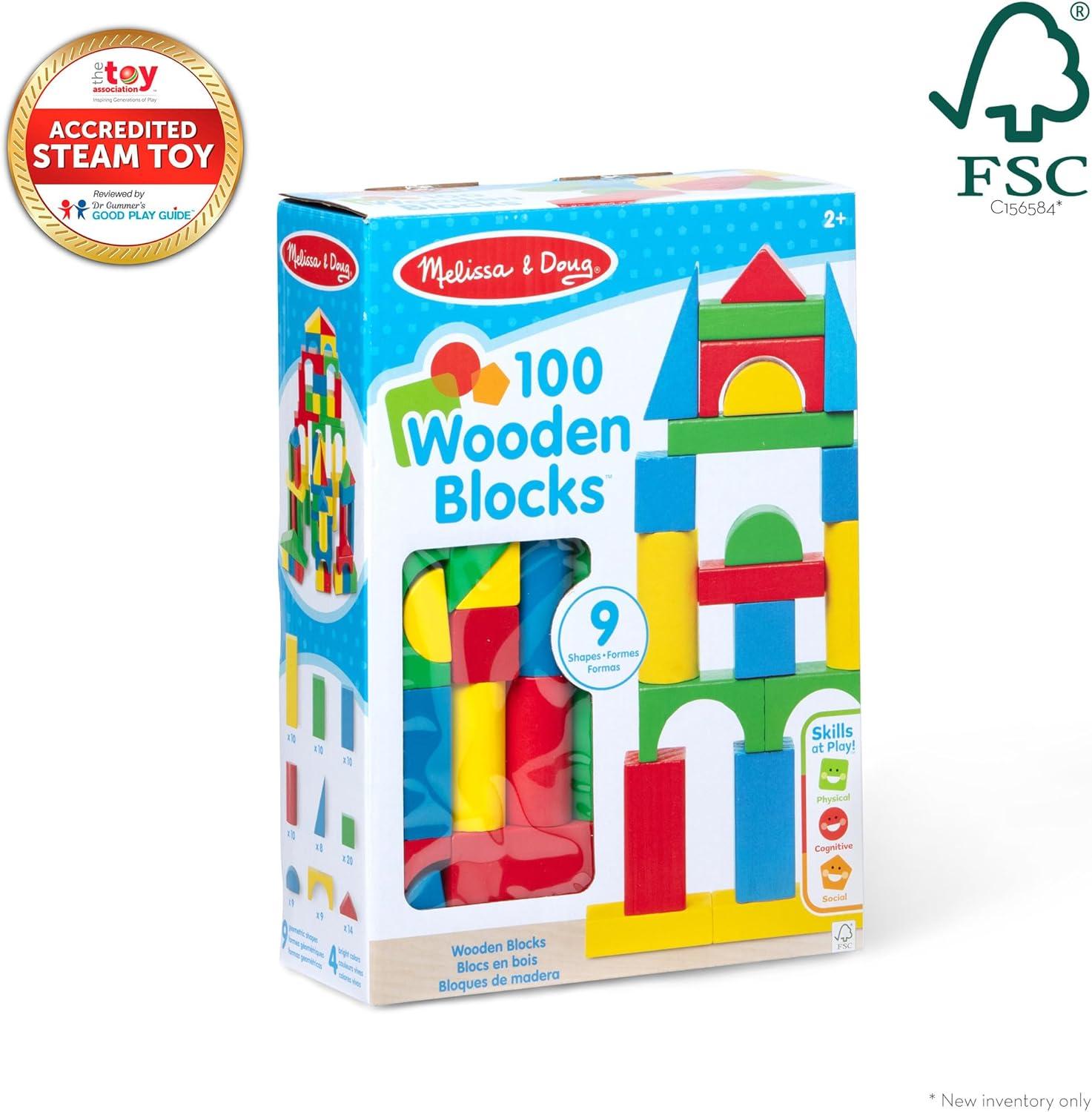imageMelissa ampamp Doug Wooden Building Blocks 100Piece Set of Sorting ampamp Stacking Toys in 4 Colors and 9 Shapes Classic Toddler Toys for Girls ampamp Boys Ages 2  FSC Certified100Piece