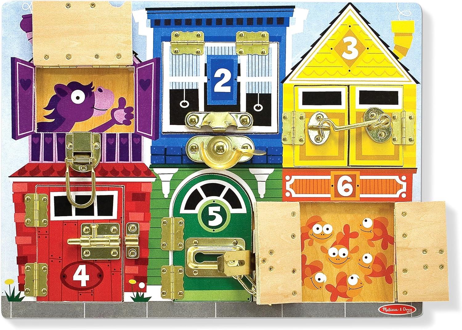 imageMelissa ampamp Doug Wooden Latches Board Sensory Activity Toy for Kids Doors and Locks Toy Wooden Busy Board Toddler Toys for Ages 3