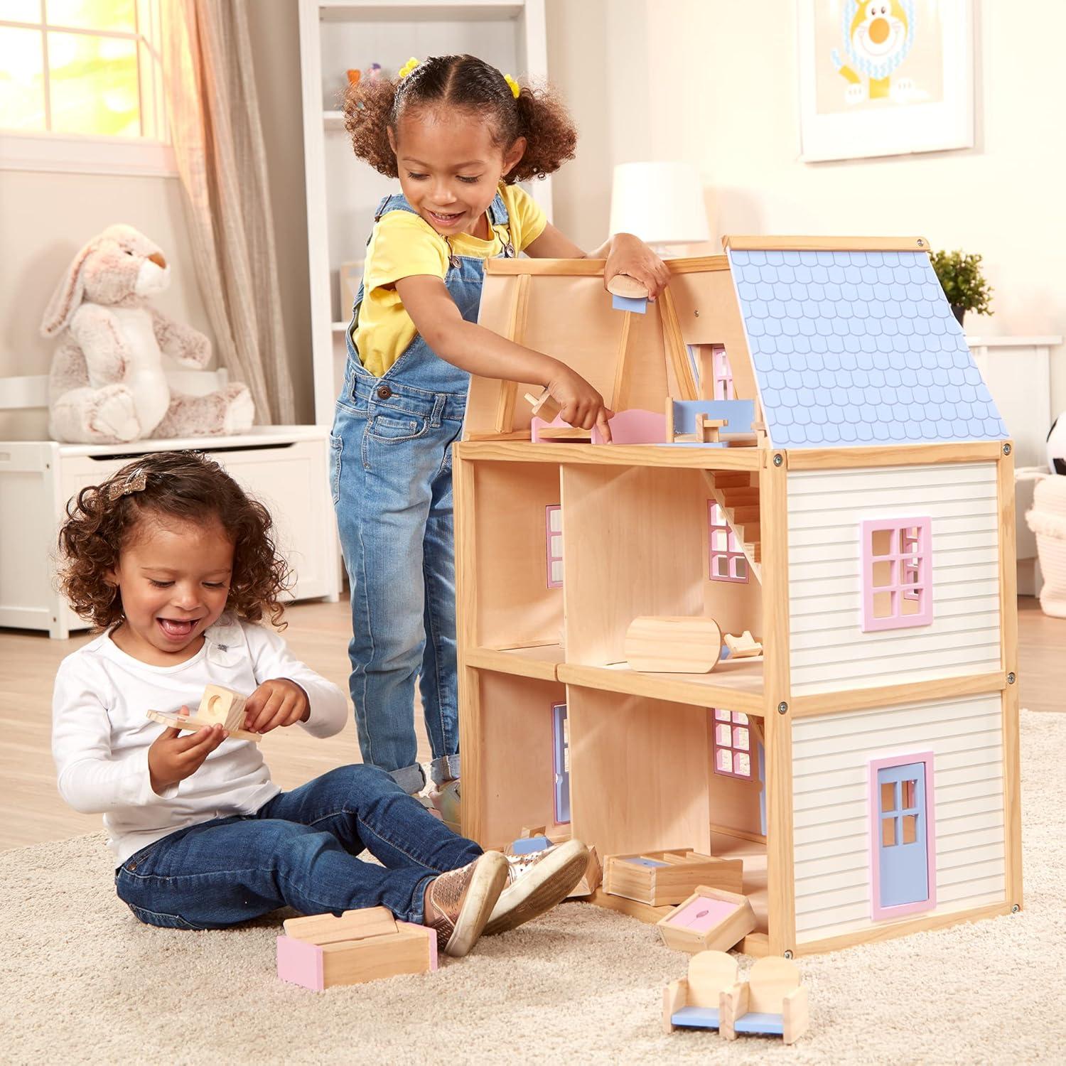 imageMelissa ampamp Doug Wooden MultiLevel Dollhouse Wooden MultiStory Pretend Play Dollhouse for Kids