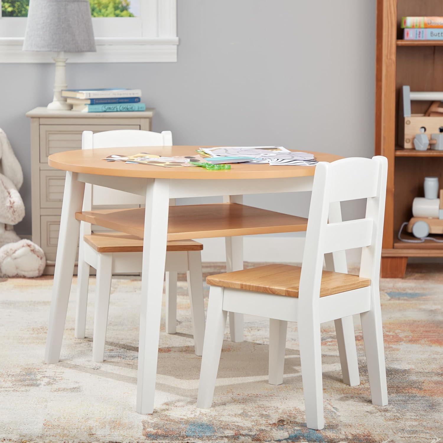 imageMelissa ampamp Doug Wooden Round Table and 2 Chairs Set  Kids Furniture for Playroom Light Woodgrain and White 2Tone Finish TwoTone Round Wooden Toddler And Kids Table And Chairs Activity Furniture SetSet
