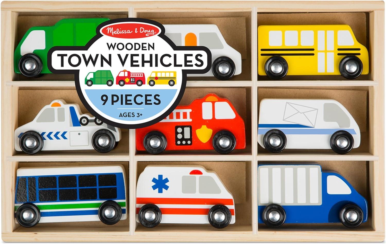 imageMelissa ampamp Doug Wooden Town Vehicles Set in Wooden Tray 9 pcs