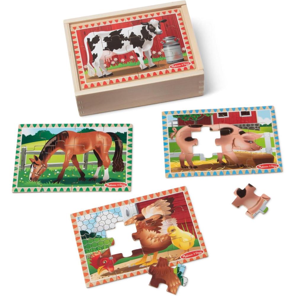 imageMelissa ampamp Doug 4in1 Wooden Dinosaur Jigsaw Puzzle Set 48 Pieces with Storage Box Toddler Puzzle Toy for Kids Ages 3  FSC CertifiedFarm Animals