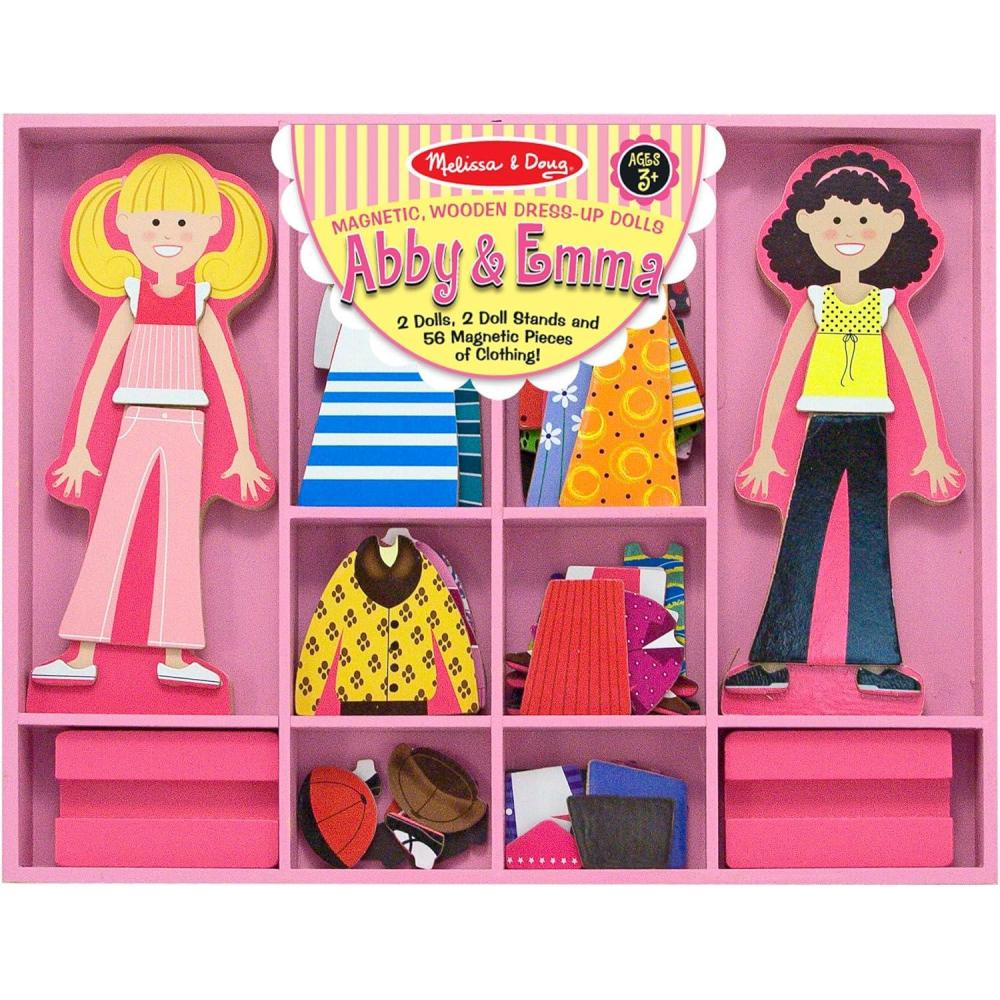 imageMelissa ampamp Doug Abby and Emma Magnetic Wooden DressUp Dolls Play Set 55 Pieces Magnetic Dolls Pretend Play ampamp Preschool Toys for Kids 3Abby  Emma