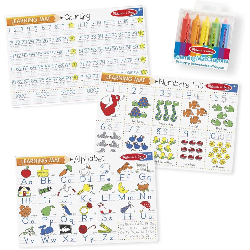 imageMelissa ampamp Doug Alphabet and Numbers Placemats Set of 3 DoubleSided Mats with 5 WipeOff Crayons