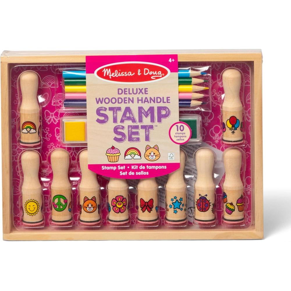 imageMelissa ampamp Doug Deluxe Happy Handle Stamp Set with 10 Stamps 5 Colored Pencils and 6Color Washable Ink Pad