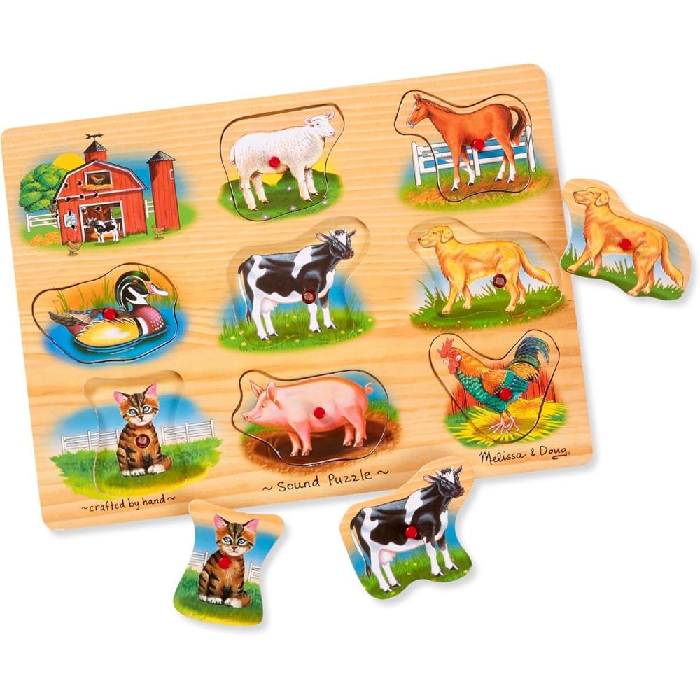 imageMelissa ampamp Doug Farm Sound Puzzle  Wooden Peg Puzzle with Sound Effects 8 pcs