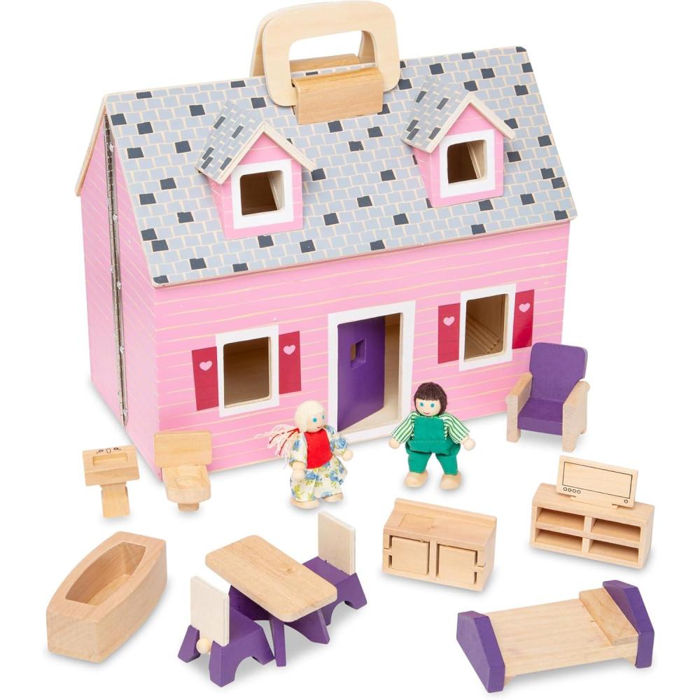 imageMelissa ampamp Doug Fold and Go Wooden Dollhouse with 2 Dolls and Wooden FurnitureMultiOne Size