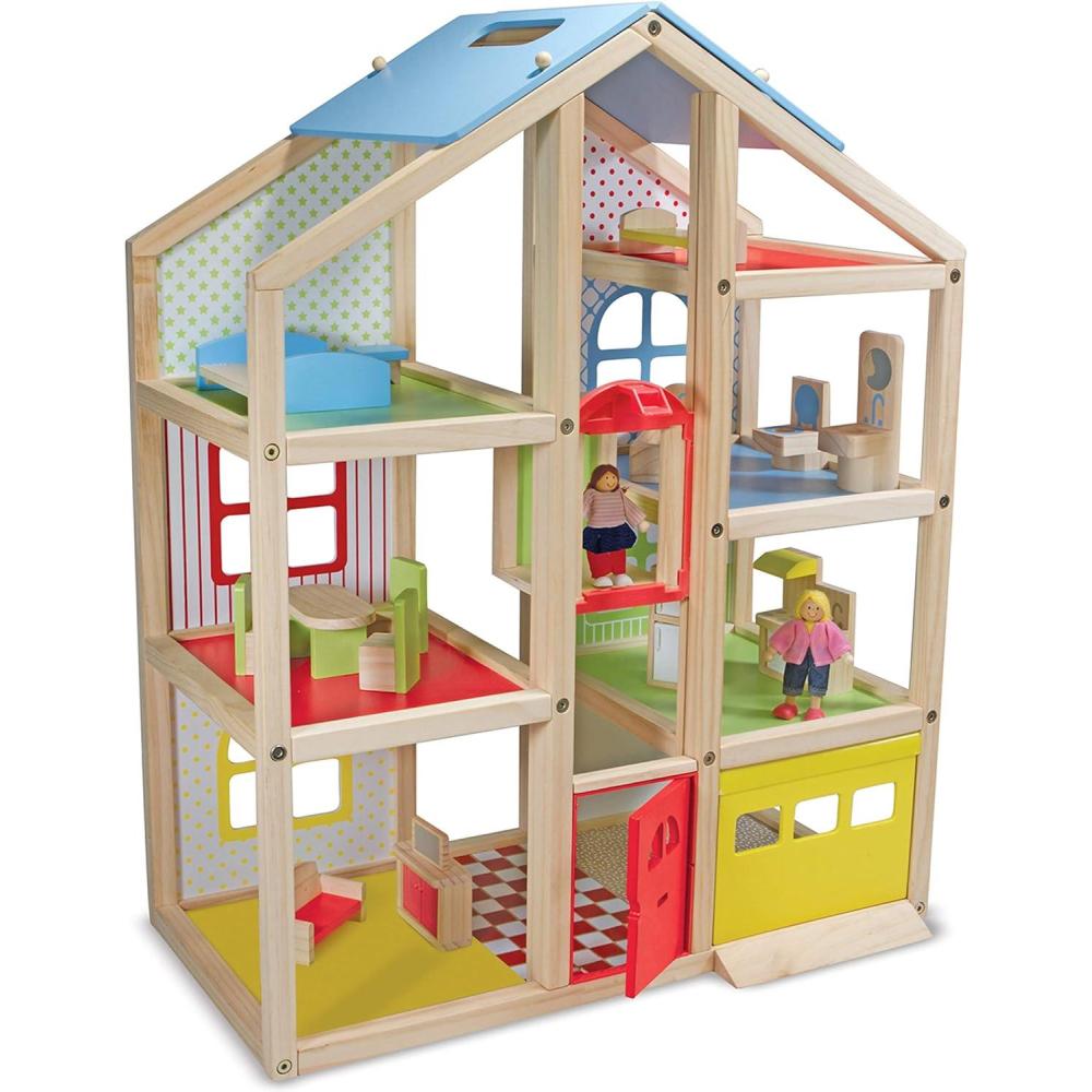 imageMelissa ampamp Doug HiRise Wooden Dollhouse with 15 pcs Furniture  Garage and Working Elevator