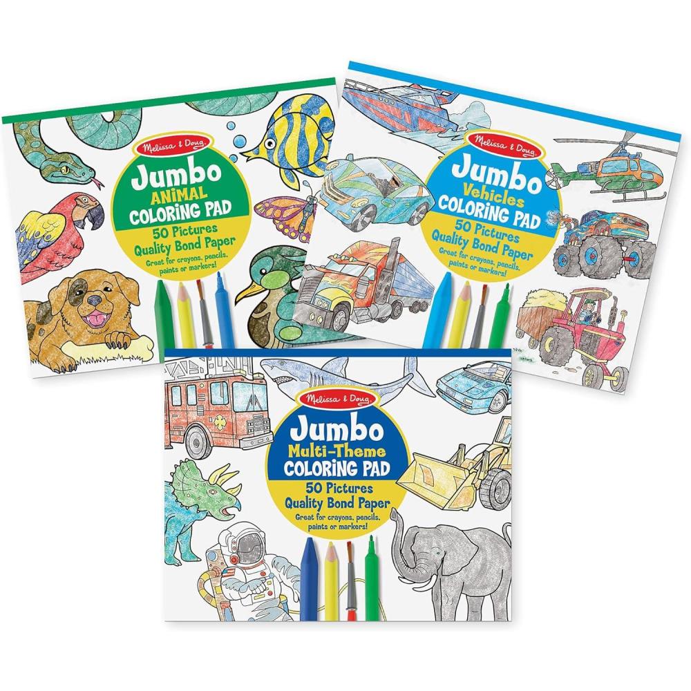 imageMelissa ampamp Doug Jumbo 50Page Kids Coloring Pads 3Pack  Animals Vehicles and MultiThemed  FSC CertifiedPads Set
