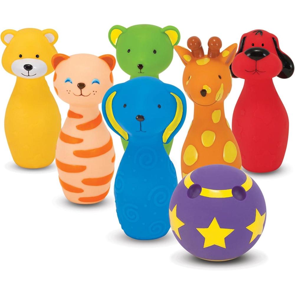 imageMelissa ampamp Doug Ks Kids Bowling Friends Play Set and Game with 6 Pins and Convenient Carrying Case  Indoor Outdoor Bowling Set Soft Plastic Animal Bowling Pins Toddler Bowling for Ages 2