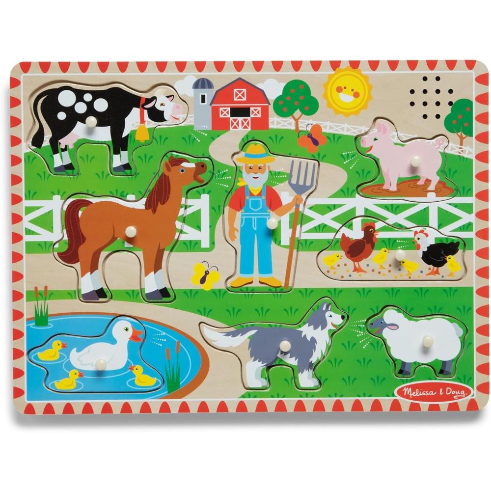 imageMelissa ampamp Doug Old MacDonalds Farm Song Puzzle  8Piece Wooden Peg Puzzle with LightActivated Sounds Music Learning Toy for Toddlers and Preschoolers Ages 2