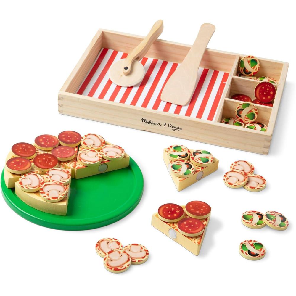imageMelissa ampamp Doug Pizza Party Wooden Play Food Set With 54 Toppings