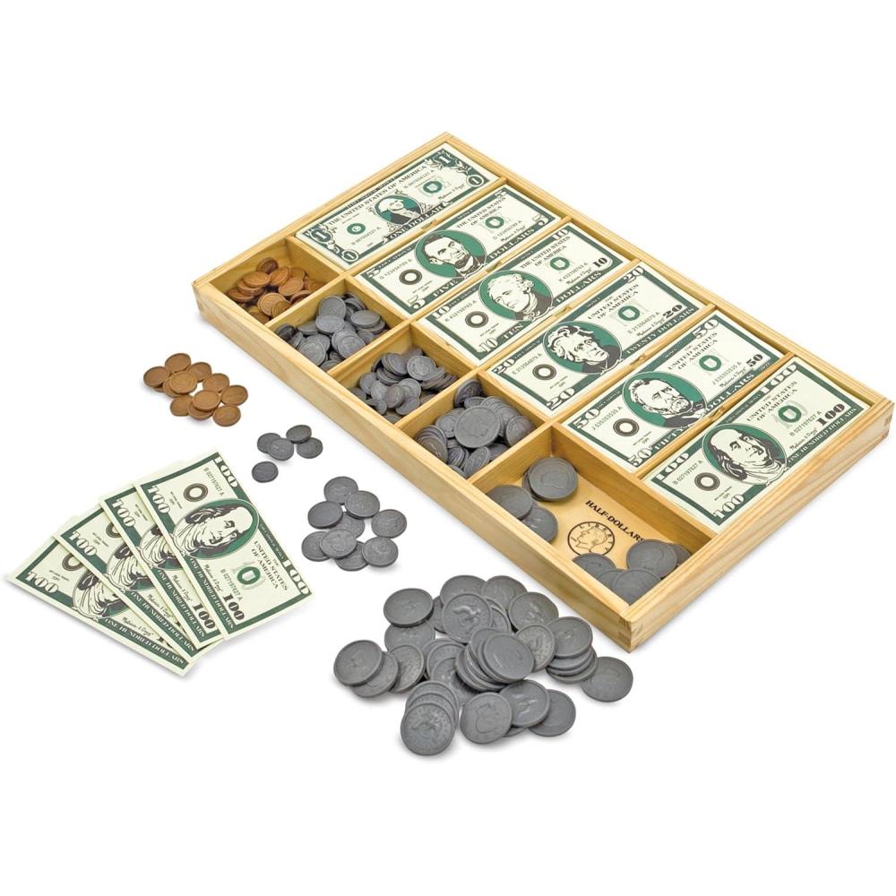 imageMelissa ampamp Doug Play Money Set  Educational Toy with Paper Bills and Plastic Coins 50 of Each Denomination and Wooden Cash Drawer for StoragePlay Money Set