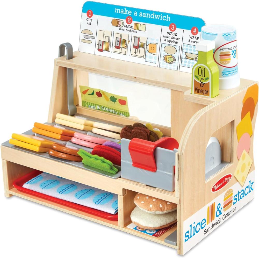 imageMelissa ampamp Doug SliceStackServe Wooden Sandwich Counter Pretend Play Store with Play Food Toys Play Money ampamp Deli Slicer Preschool Toys for Kids 3