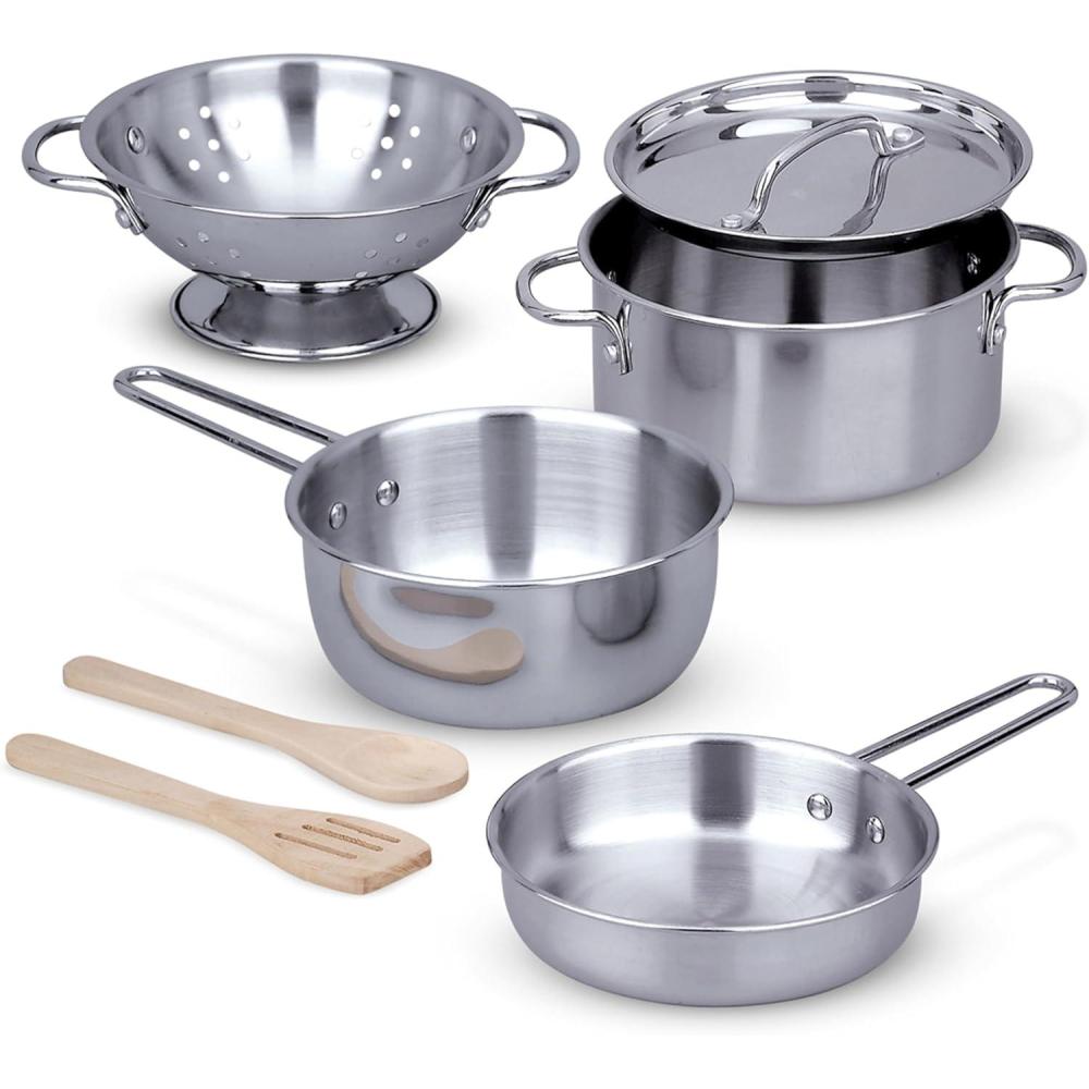 imageMelissa ampamp Doug Stainless Steel Pots ampamp Pans 8 Piece Play Kitchen Set Premium Play Kitchen Accessories ampamp Cooking Utensils Preschool Toys for Kids 3