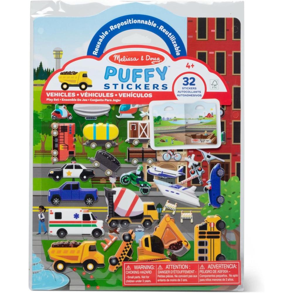 imageMelissa ampamp Doug Vehicles Puffy Sticker Play Set Travel Toy with DoubleSided Background 32 Reusable Puffy Stickers