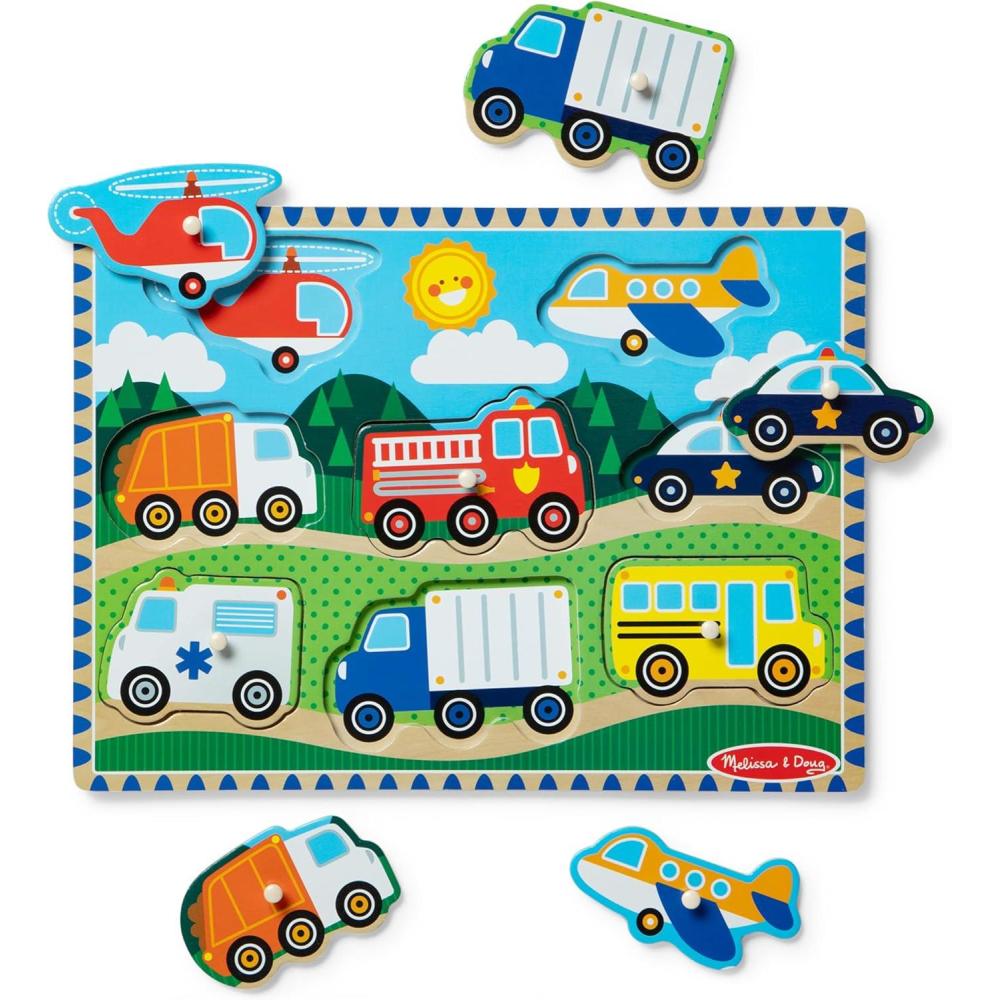 imageMelissa ampamp Doug Vehicles Wooden Peg Puzzle 8 pcsMelissa  Doug Vehicles Peg Puzzle