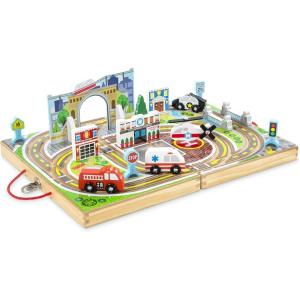 imageMelissa ampamp Doug 18Piece Wooden TakeAlong Tabletop Town 4 Rescue Vehicles Play Pieces Bridge