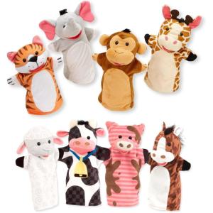imageMelissa ampamp Doug Animal Hand Puppets Set of 2 4 Animals in Each  Zoo Friends and Farm Friends