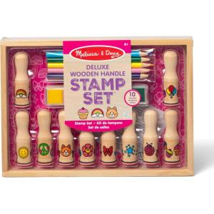 imageMelissa ampamp Doug Deluxe Happy Handle Stamp Set with 10 Stamps 5 Colored Pencils and 6Color Washable Ink Pad