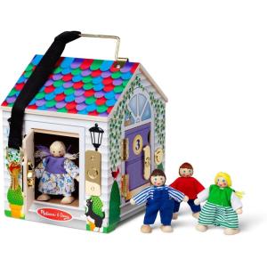 imageMelissa ampamp Doug TakeAlong Wooden Doorbell Dollhouse  Doorbell Sounds Keys 4 Poseable Wooden Dolls Portable Doll House Doorbell House for Kids Ages 3