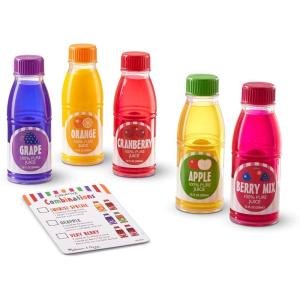 imageMelissa ampamp Doug Tip ampamp Sip Toy Juice Bottles and Activity Card 6 Pcs Pretend Play Food Set Play Kitchen Food For Ages 3Juice Bottles