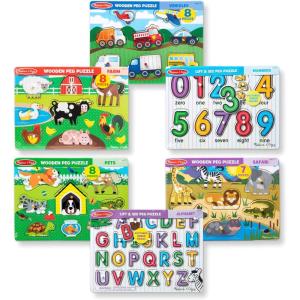 imageMelissa ampamp Doug Wooden Peg Puzzle 6 Pack Numbers Letters Animals Vehicles
